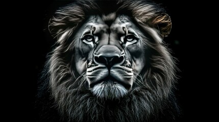 Obraz premium Black & white photo of a majestic lion's head with a flowing mane & beard on a dark background