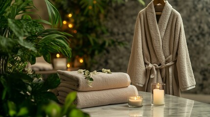 Relaxing spa setup with soft towels, candles, and a cozy bathrobe in a tranquil environment surrounded by greenery