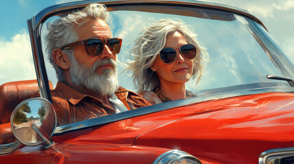 Happy old senior couple in love, wearing sunglasses, enjoying a road trip in a classic car. Senior lifestyle, togetherness, love, adventure, vintage travel, golden years, carefree.