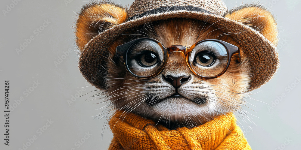 Canvas Prints A cute baby lion cub wearing a straw hat and glasses, looking very stylish.