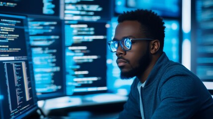 Programmer with hologram data, futuristic coding setup, blue and silver environment