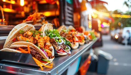 Food truck with diverse cuisine, vibrant and lively, Urban, Bright colors, Photograph, Street food