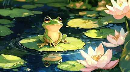   Frog on lily pad in pond with lily pads in foreground