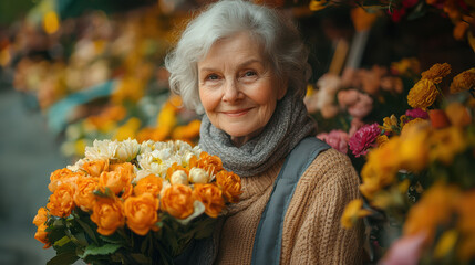 Smiling elderly woman holding bouquet of vibrant flowers at outdoor market, cheerful expression, colorful floral arrangement, joyful senior, enjoying life and nature