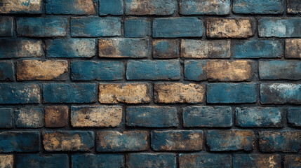 Obraz premium Close-up of weathered blue brick wall texture, aged and rustic building material, industrial design, rough surface with faded paint, vintage and urban backdrop