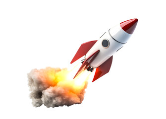 Launch of a red rocket isolated on transparent PNG background, cutout. Concept of successful business startup.