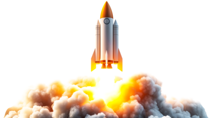 Launch of a rocket isolated on transparent PNG background, cutout. Concept of successful business startup.