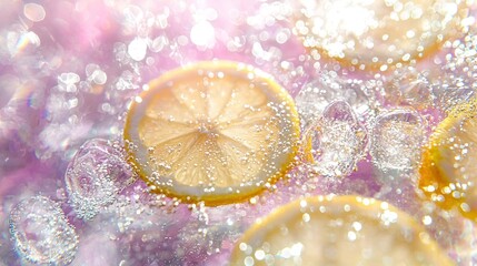   A cluster of lemons placed on a water-spotted purple surface
