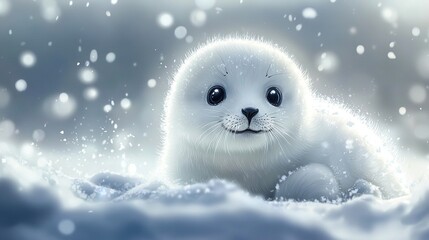 Fototapeta premium A baby seal in snow with snowflakes on its face and a snowflake in the background