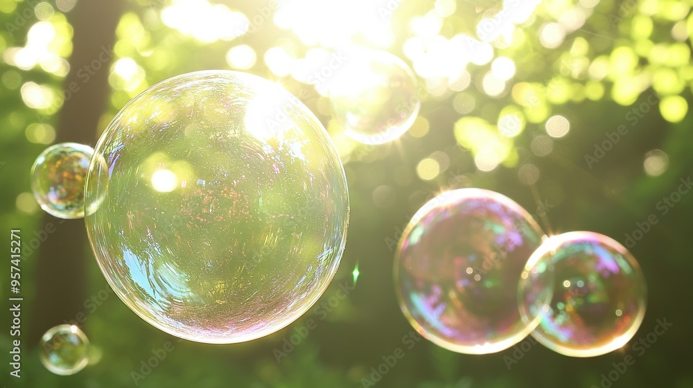 Aufkleber soap bubbles float in front of a tree, bathed in sunlight behind swaying trees