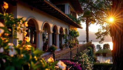 Fototapeta premium Italian villa in a lush landscape, grand and inviting, Rustic, Soft greens, Photograph, Mediterranean charm