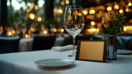 Elegant dinner table setup with a small gold and black reserved card sign. Luxury dining experience, restaurant table arrangement, fine dining setting, upscale interior, special occasion reservation.