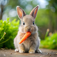cute baby rabbit nibbling on a carrot