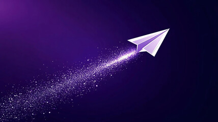 A purple paper airplane flying through a dark purple background, leaving a trail of sparkling particles behind