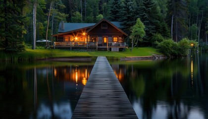 Lakeside cabin with a dock, serene and inviting, Nature, Soft greens, Photograph, Peaceful retreat