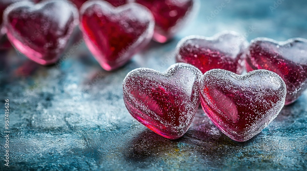 Poster   Heart-shaped ice cubes stacked on a blue countertop with additional heart-shaped ice cubes in the background