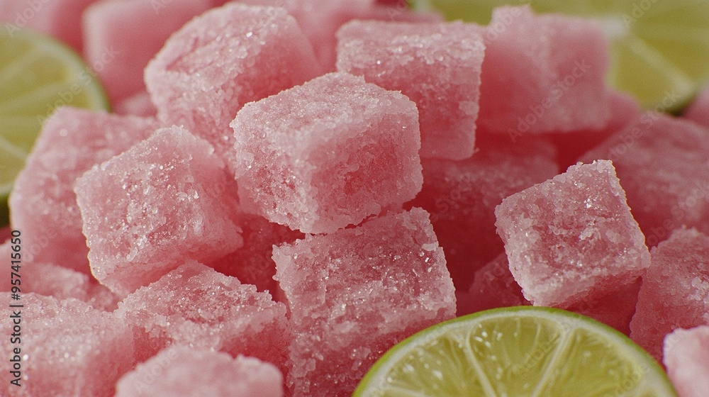 Poster a close-up of a pile of sugar cubes with lime slices