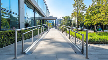 Entrance of a modern office building featuring an accessibility ramp with stainless steel railings, surrounded by greenery on a sunny day.
