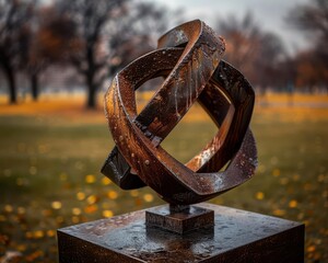 Metal sculpture in a park, artistic and modern, Urban, Earth tones, Photograph, Outdoor art