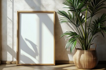 Frame mockup with plants, home interior frame mockup for wall art, poster mockup, print mockup