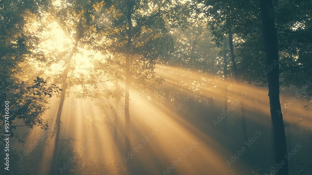 Poster a dense forest, blanketed by an array of trees, bathed in warm sunlight filtering through their leaf