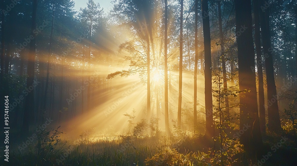 Poster sunbeam in forest with trees in foreground and sun shining through trees in background