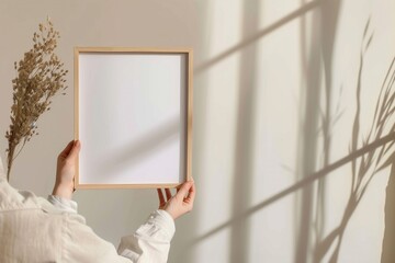 Frame mockup in hands, home interior frame mockup for wall art, poster mockup, print mockup