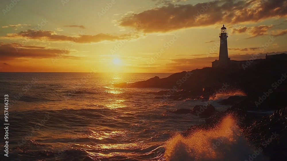 Poster sun setting over ocean with lighthouse in center, waves in foreground