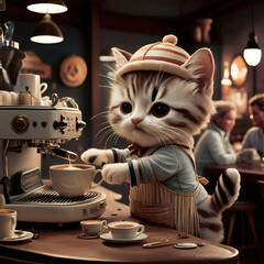 A cute barista cat making coffee at a cafe bar