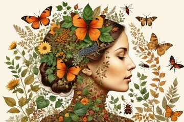 A woman wearing flowers and butterflies in her hair