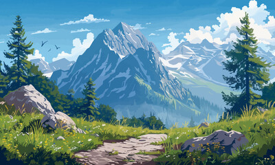 A flat vector of a mountain hiking trail.