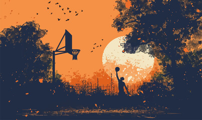 A silhouette vector of a person playing basketball.