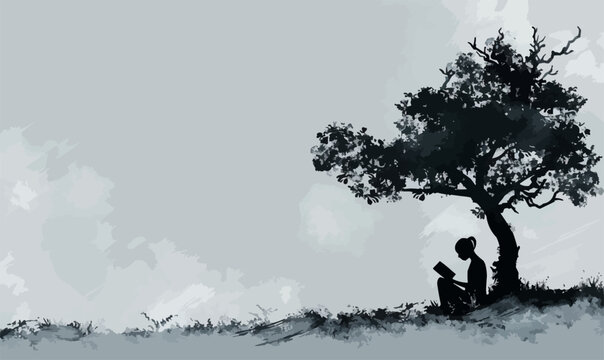 A silhouette vector of a person reading a book under a tree.