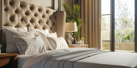 Clean and cozy hotel room featuring a freshly made king sized bed with a stylish headboard perfectly ironed sheets and plush pillows bathed in natural sunlight King size bed displayed in a s