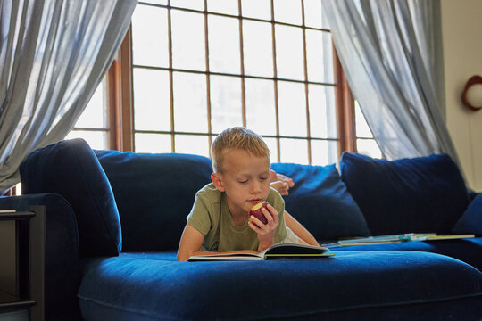 Little boy reading a book and eating an apple