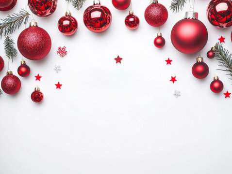 Felicitaci&oacute;n de Navidad con adornos de color rojo y fondo blanco