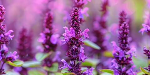 Obraz premium Close up view of purple basil flowers emphasizing the intricate details and vibrant hues against a blurred background