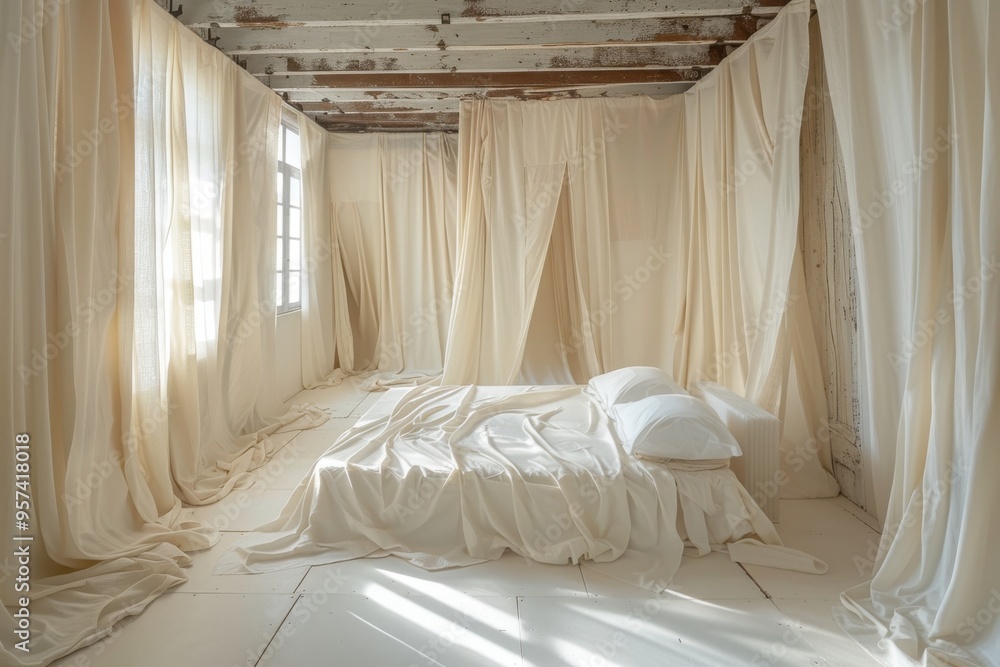 Wall mural a white room with a bed covered in white sheets and a white curtain