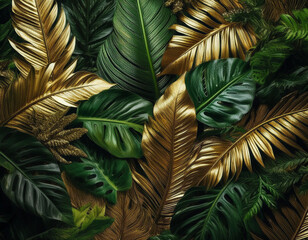 Golden and Green Tropical Palm Leaves: Minimal Summer Abstract Nature Background