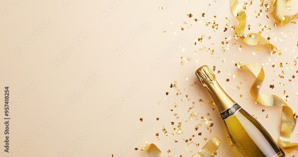 Poster a flat lay on a beige background with golden confetti and ribbons, and a champagne bottle on the rig