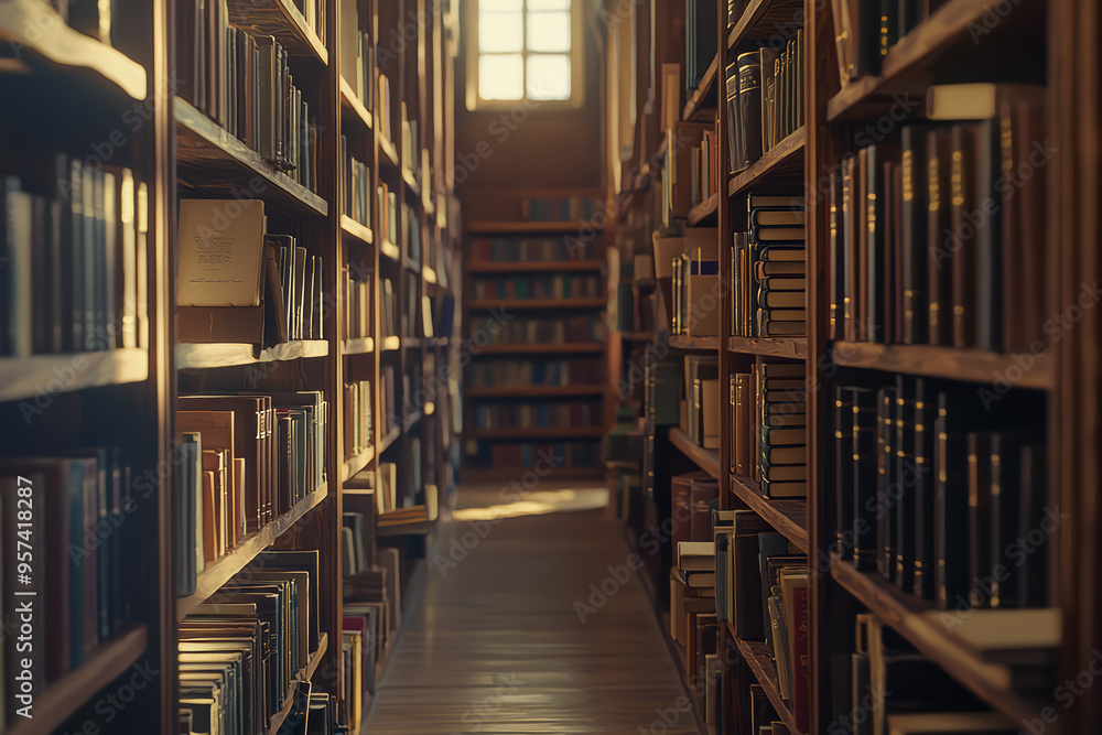 Poster a quiet library filled with rows of books, offering a space for concentration and study. concept of 
