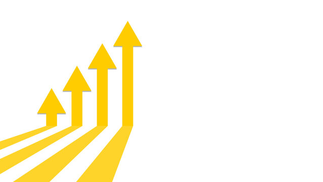 Four yellow arrows pointing upwards, one next to the other simulating a growing graph. Parallel arrows going in the same direction on a white background. 