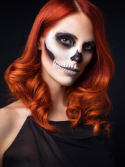 Fototapeta premium A woman with striking red hair and a skull face, highlighting her intriguing and artistic expression.