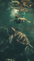 Fototapeta premium A man and a turtle are swimming together in the ocean