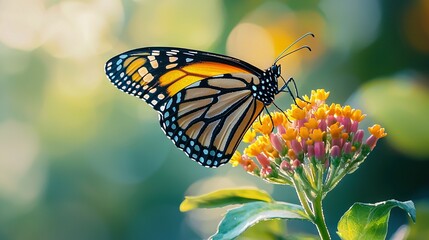 Fototapeta premium Butterfly on flower with blurred leaf and flower background
