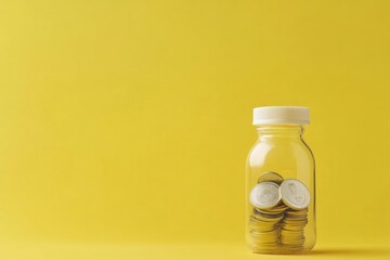 coins in a feeding bottle on a minimal pastel yellow background, maternity leave saving, trust fund, parenting financial tips, copy space left