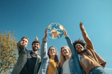 group of diverse people holding up  transparent globe, standing together outdoors with a clear blue sky in the background, symbolizing unity in preserving the ozone layer environment
