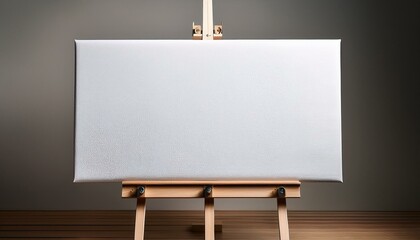 White blank synthetic canvas stands on a wooden artistic easel on studio background. Horizontal rectangular mockup canvas wrapped on stretcher bar
