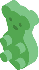 Green gummy bear candy sitting with its legs out in an isometric view