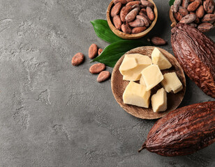 Organic Cocoa Butter Flat Lay on Grey Table  Natural Skincare Concept
